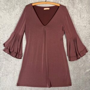 Bronte Mauve Brown Ruffle Bell Sleeve V-Neck Tunic Mini Dress Womens Size M Boho